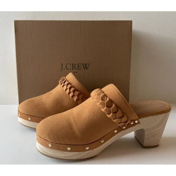 J. Crew Shoes - J Crew Suede Wooden Heel Tan Brown Studded Clogs Size 10.5